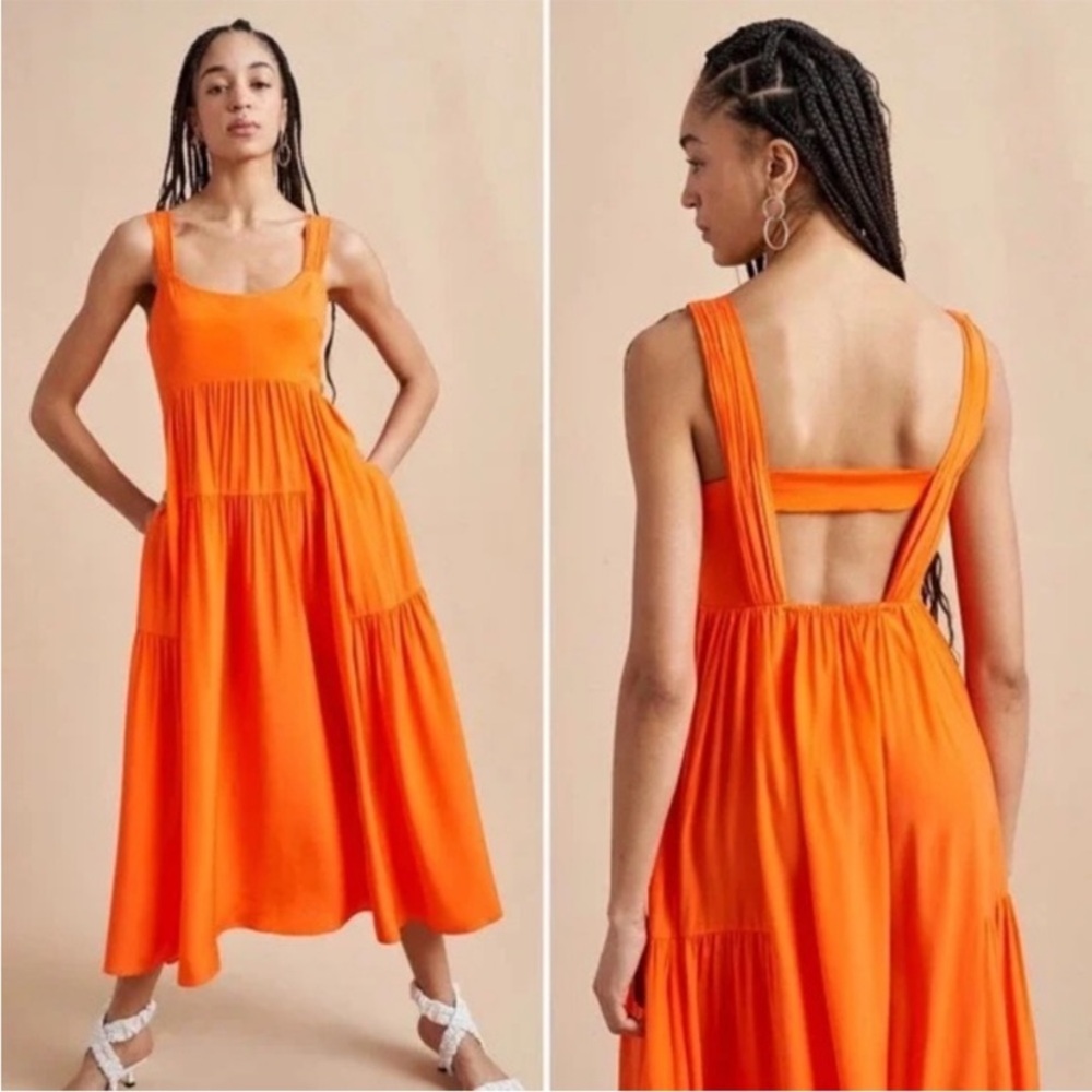 La Ligne Vanessa 100% Silk Midi Dress Tangerine Orange